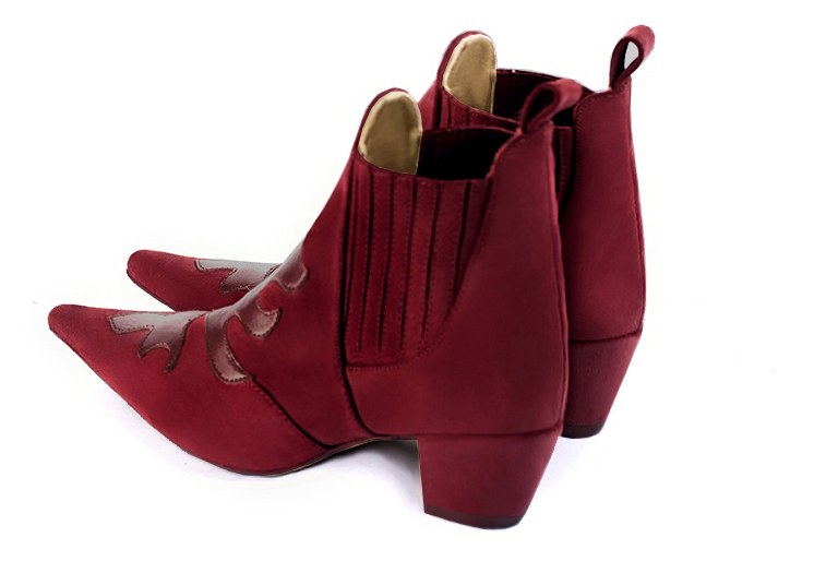 Burgundy red women's ankle boots, with elastics. Pointed toe. Medium cone heels. Rear view - Florence KOOIJMAN